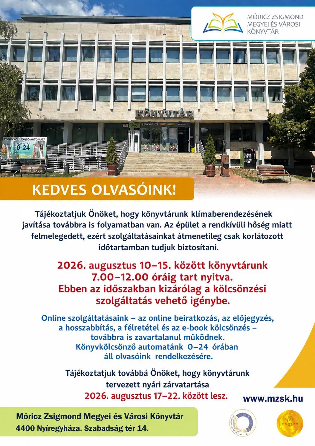 Változik a könyvtár nyitvatartása