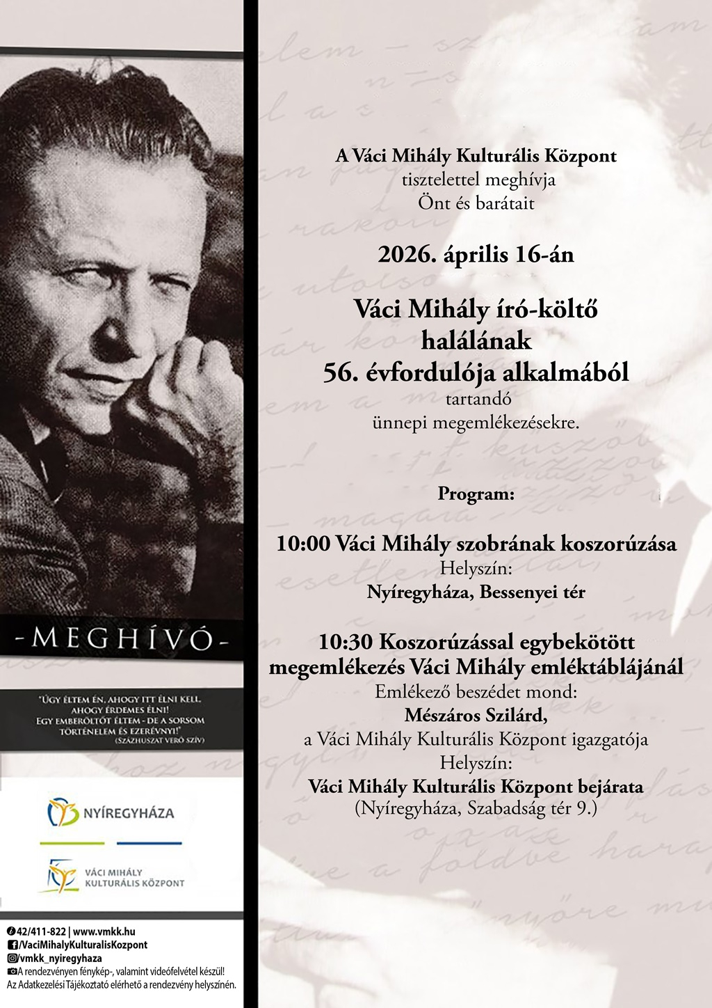 Váci Mihályra emlékeznek Nyíregyházán